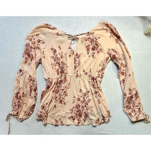 American Rag Cie Dusty Pink Floral Boho Elastic Waist Peasant Blouse Gypsy Size - Picture 7 of 7